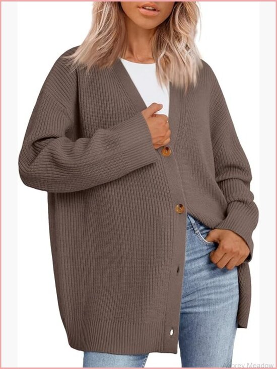 Sweaters - Oversized Knit V-Neck Button Front Cardigan Sweater